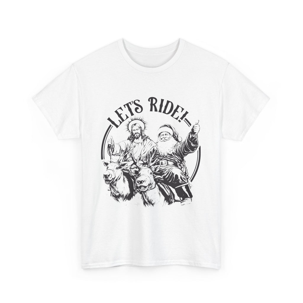 Let's ride! - Jesus and Santa Claus riding reindeer giving thumbs up unisex Christmas t-shirt