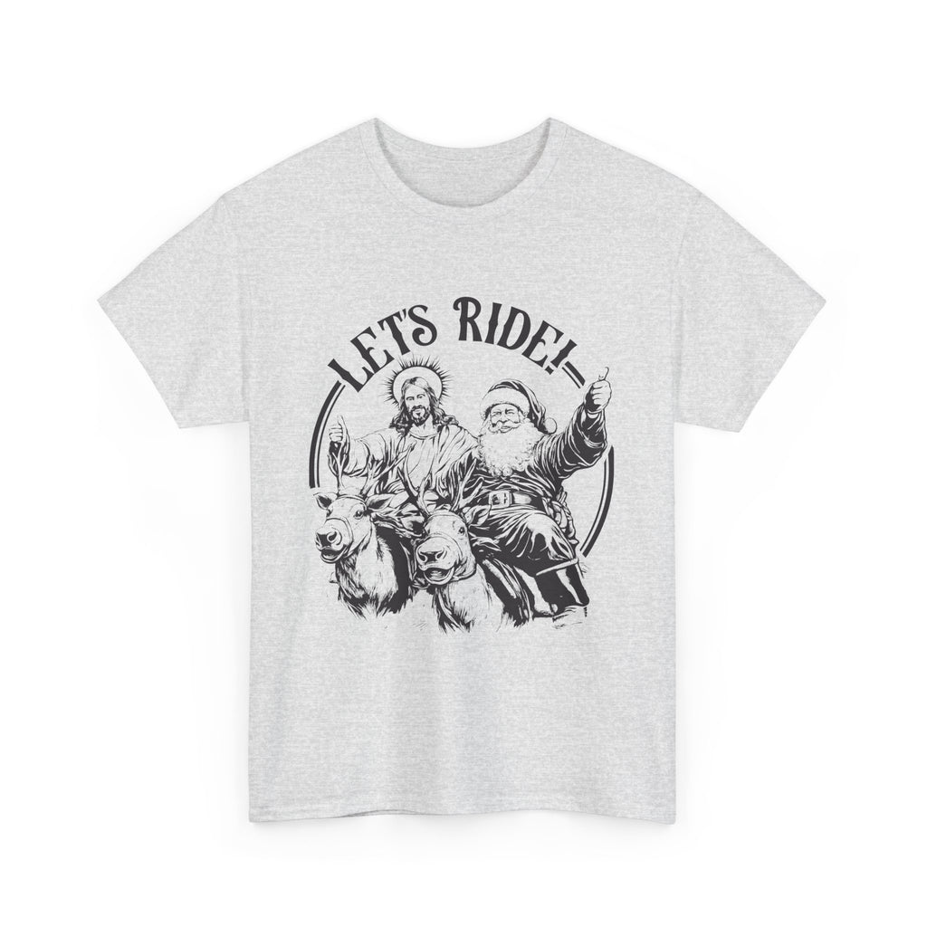 Let's ride! - Jesus and Santa Claus riding reindeer giving thumbs up unisex Christmas t-shirt