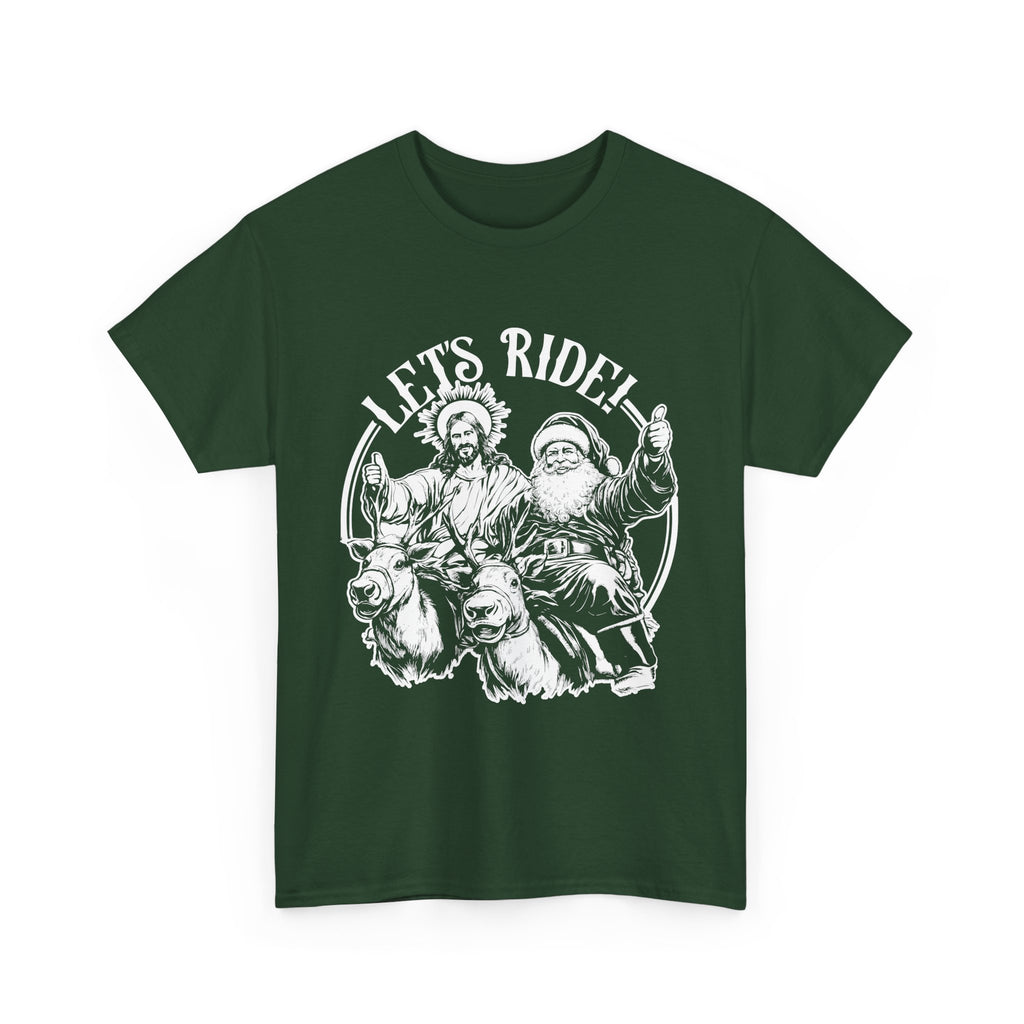 Let's ride! - Jesus and Santa Claus riding reindeer giving thumbs up unisex Christmas t-shirt