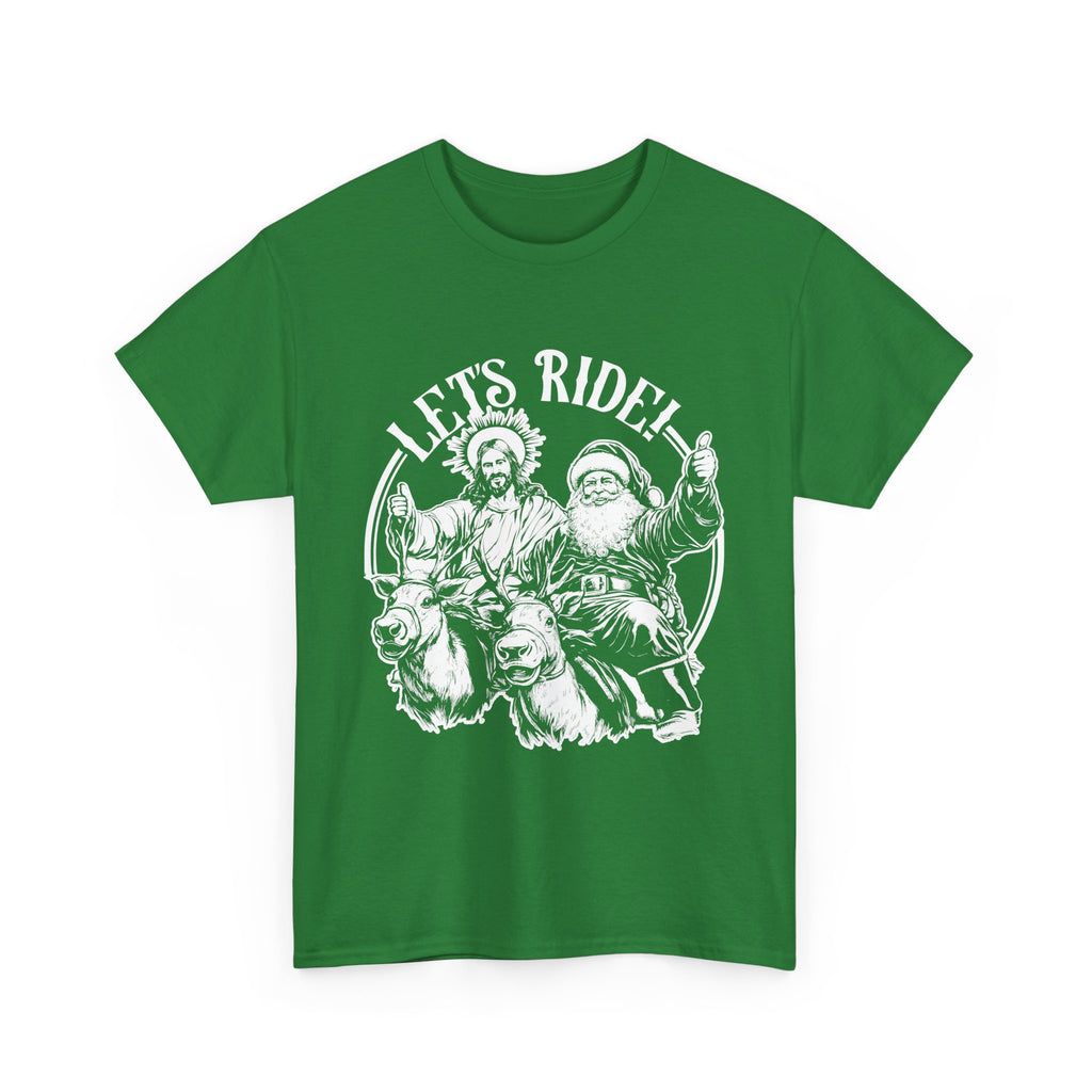 Let's ride! - Jesus and Santa Claus riding reindeer giving thumbs up unisex Christmas t-shirt