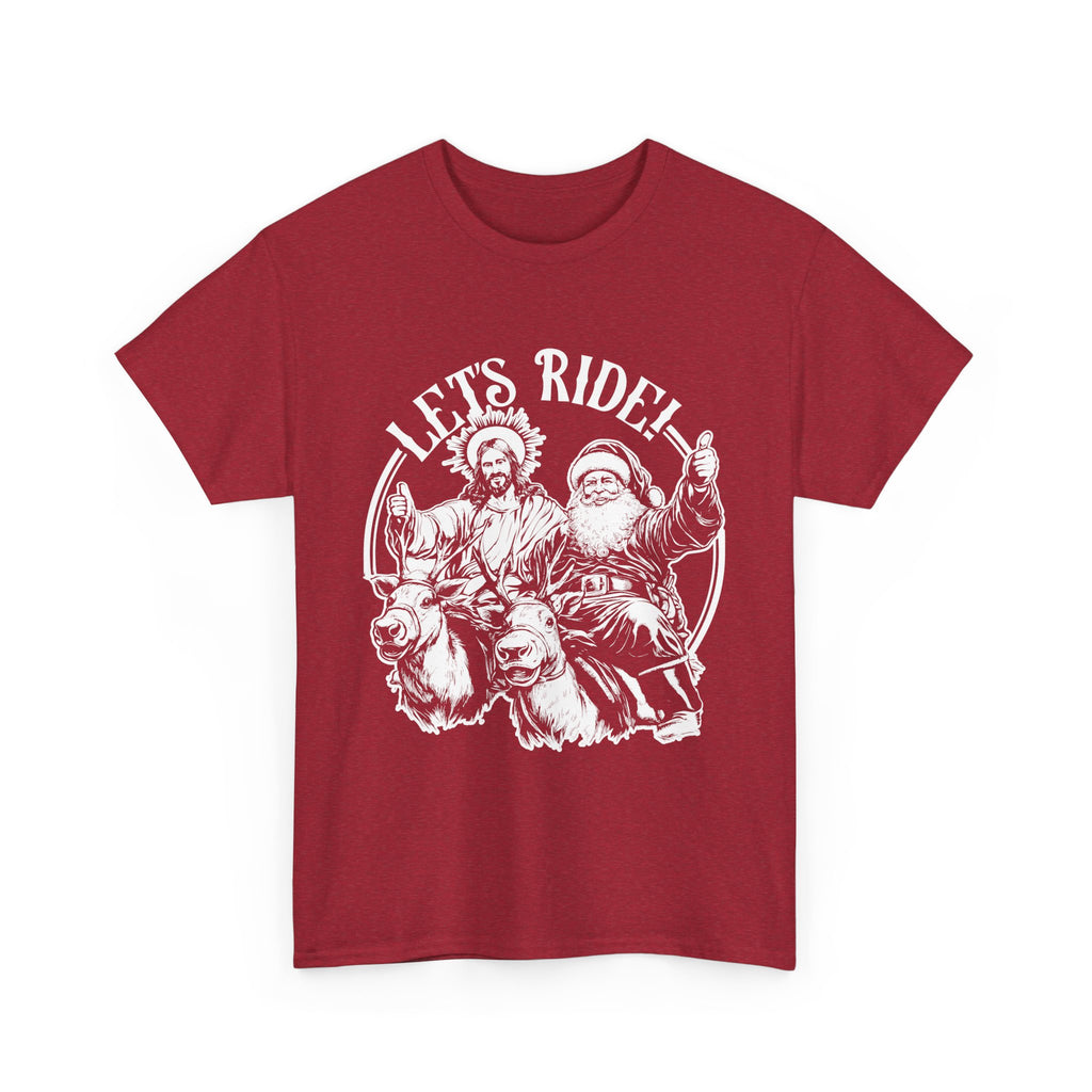 Let's ride! - Jesus and Santa Claus riding reindeer giving thumbs up unisex Christmas t-shirt