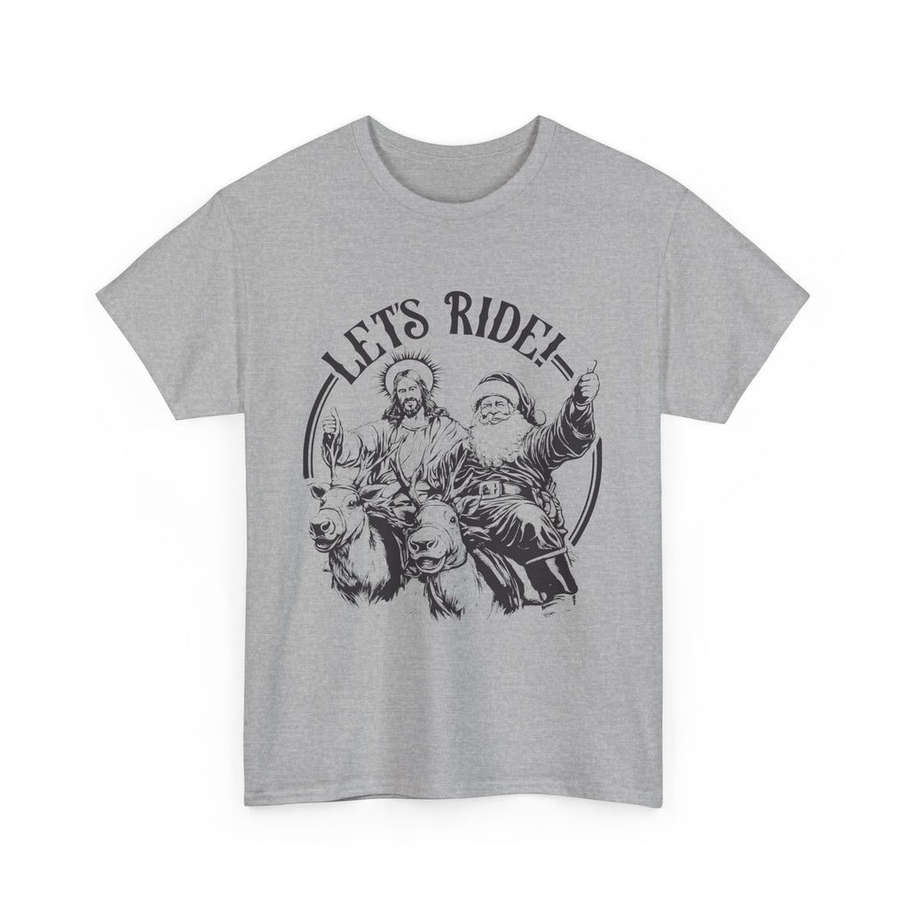 Let's ride! - Jesus and Santa Claus riding reindeer giving thumbs up unisex Christmas t-shirt